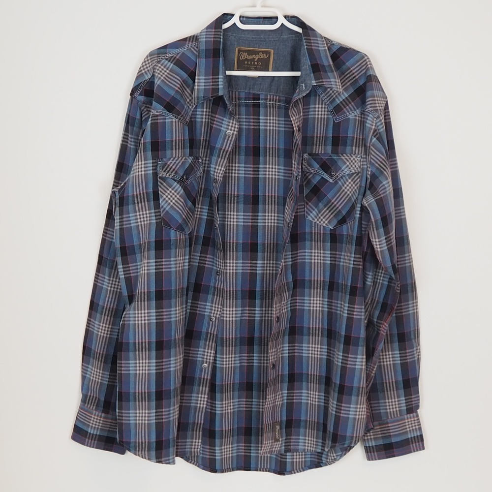 Wrangler Retro Western Shirt Mens XXL Blue Plaid Snap Pearl Cowboy MVR230M